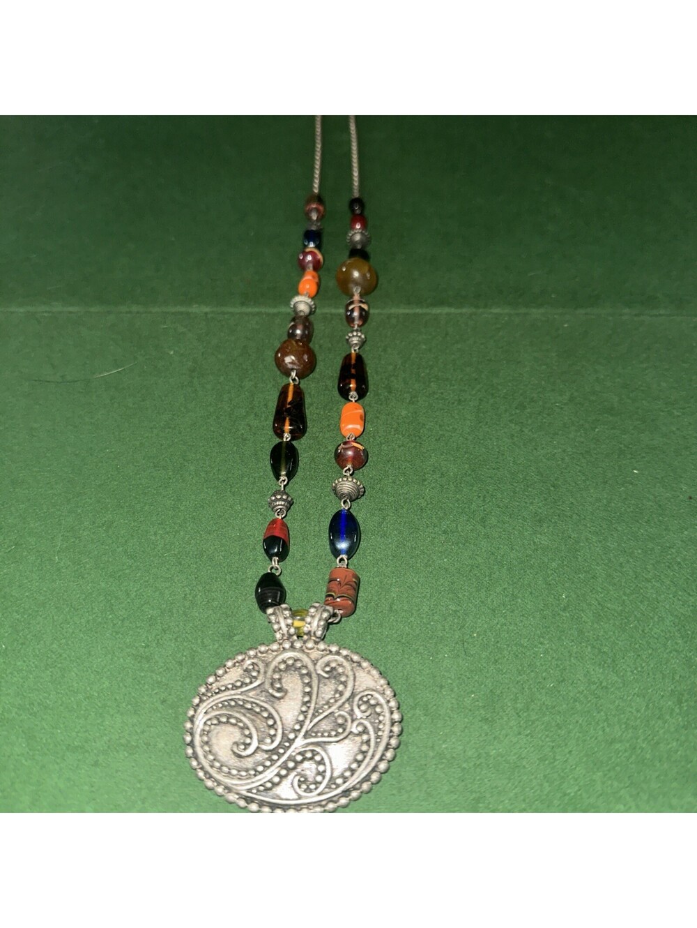 Vintage Necklace Multicolor Glass Beads And Silver Tone Medallion